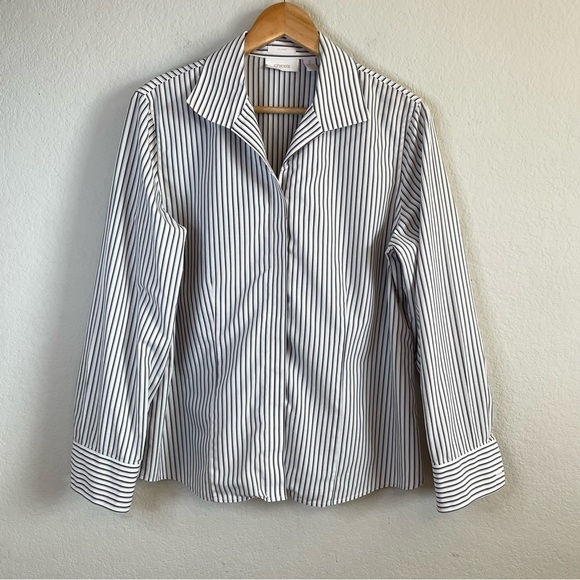 Chico's Tops - Chicos No Iron Black White Tan Stripe Button Front Long Sleeve Shirt Cotton LG